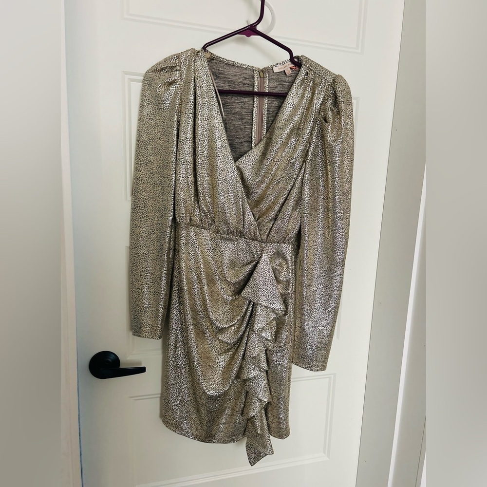 Skies Are Blue Metallic Gold Long Sleeve Dress